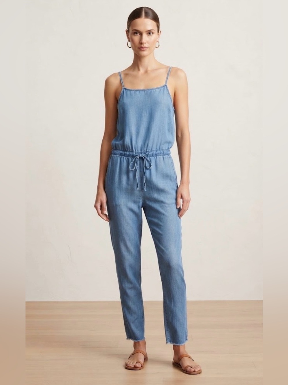 CiSono light blue chambray sleeveless jumpsuit spaghetti straps adjustable L